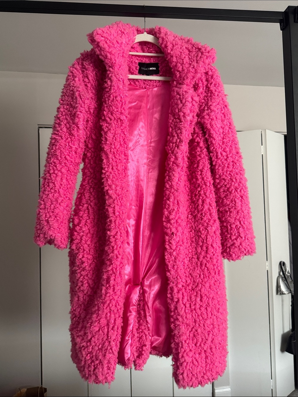 Fashion Nova Bright Pink Teddy Faux-Sherpa Long Coat